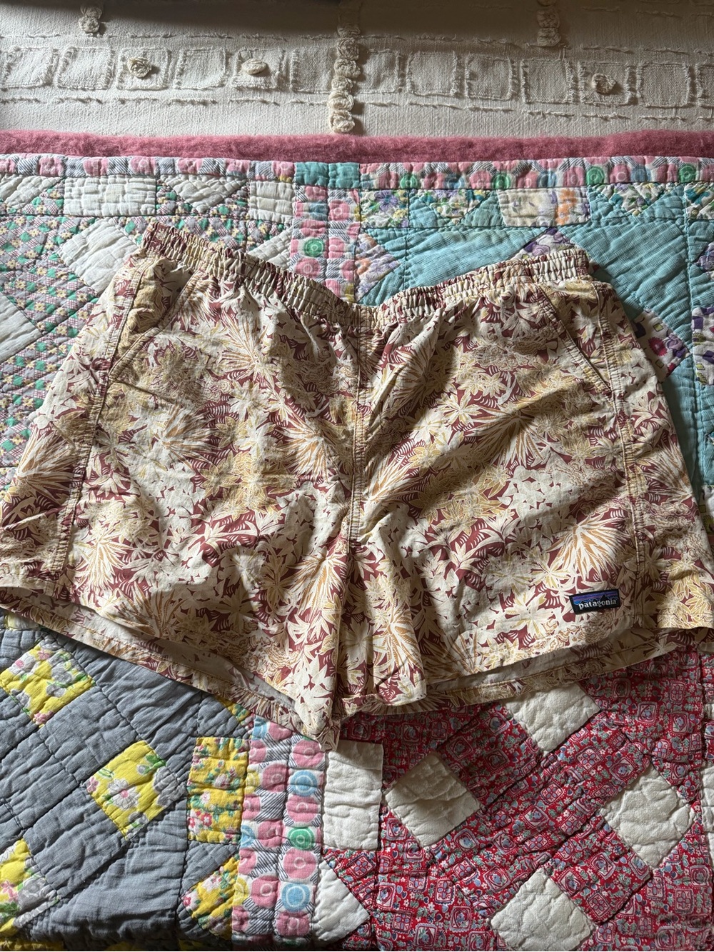 Patagonia Beige Shorts with Burgundy Leaf Print